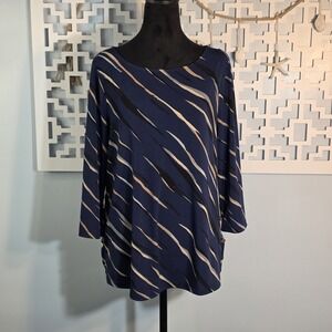Dana Buchman Navy Abstract Striped Boatneck Blouse Size M 3/4 Sleeve